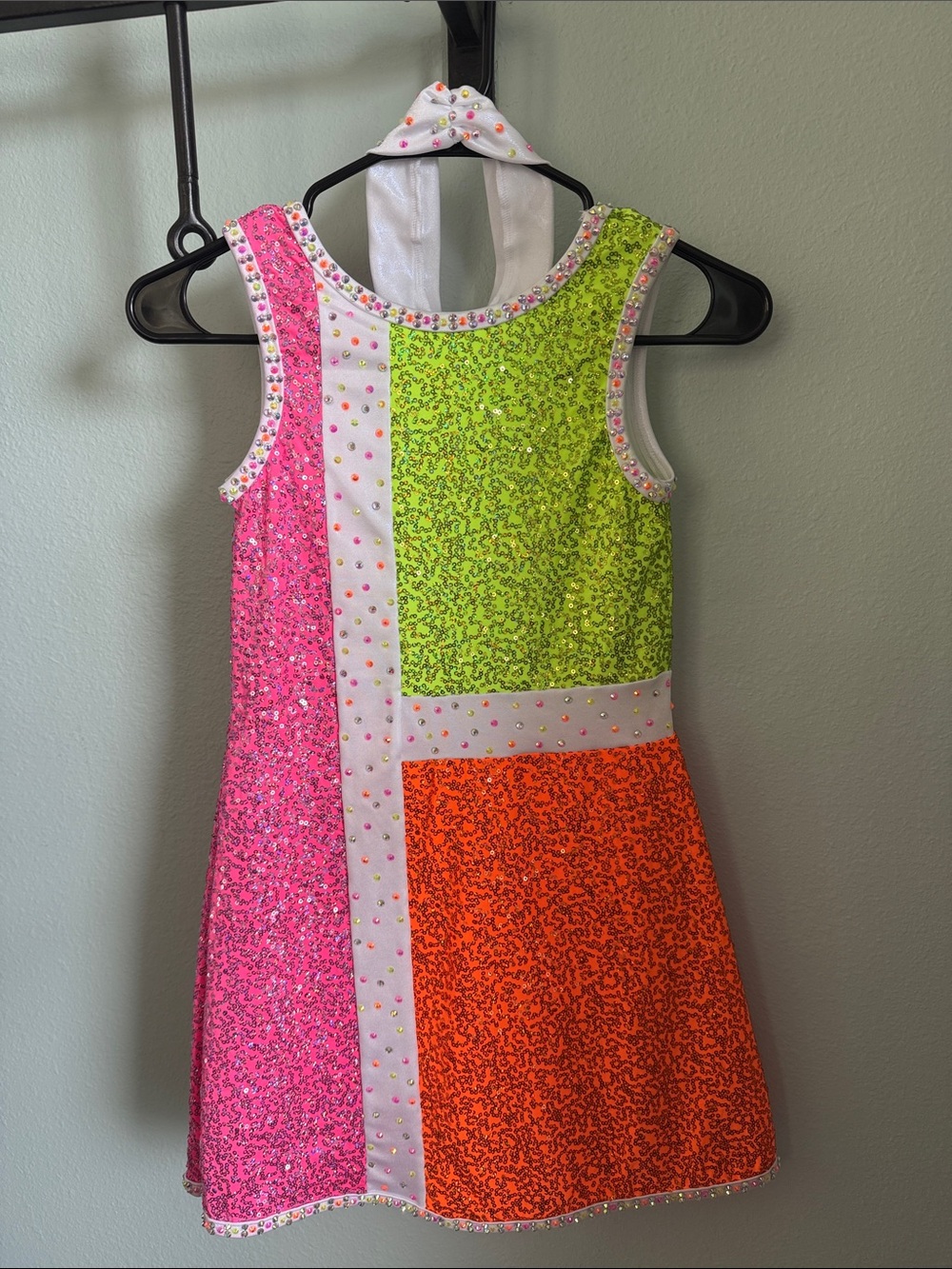 Style 25274 - Ring My  Bell Colorblock Halter Dress - Pink, Lime & Orange
